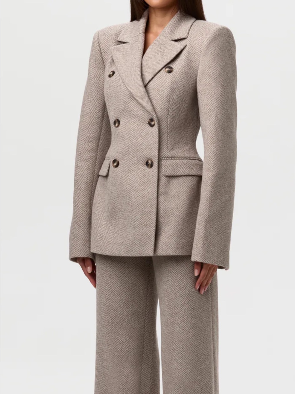 naked wardrobe Taupe-Chevron Herringbone Double-Breasted Blazer